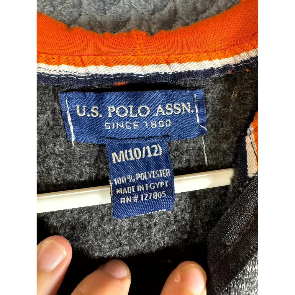 U.S. Polo Assn. Hoodie Boys Medium Gray Black Raglan Sleeve Knitted Fleece Lined